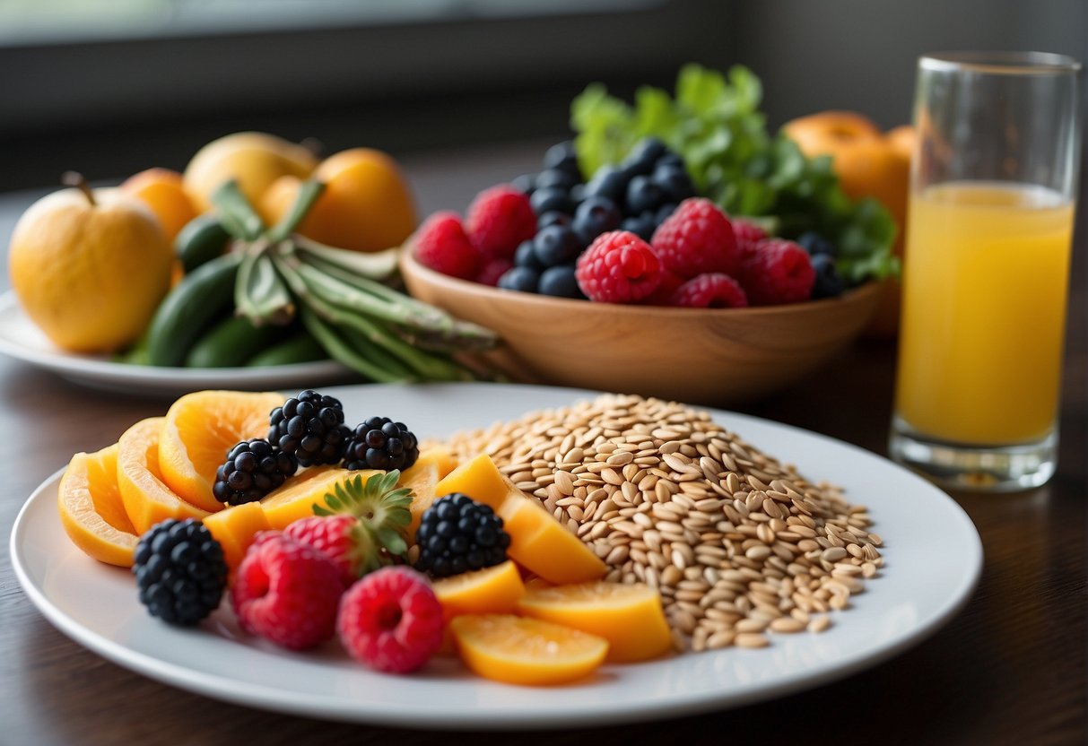 A table with a variety of colorful fruits, vegetables, and lean proteins. A glass of water and a plate of whole grains. A stopwatch and a pair of running shoes nearby