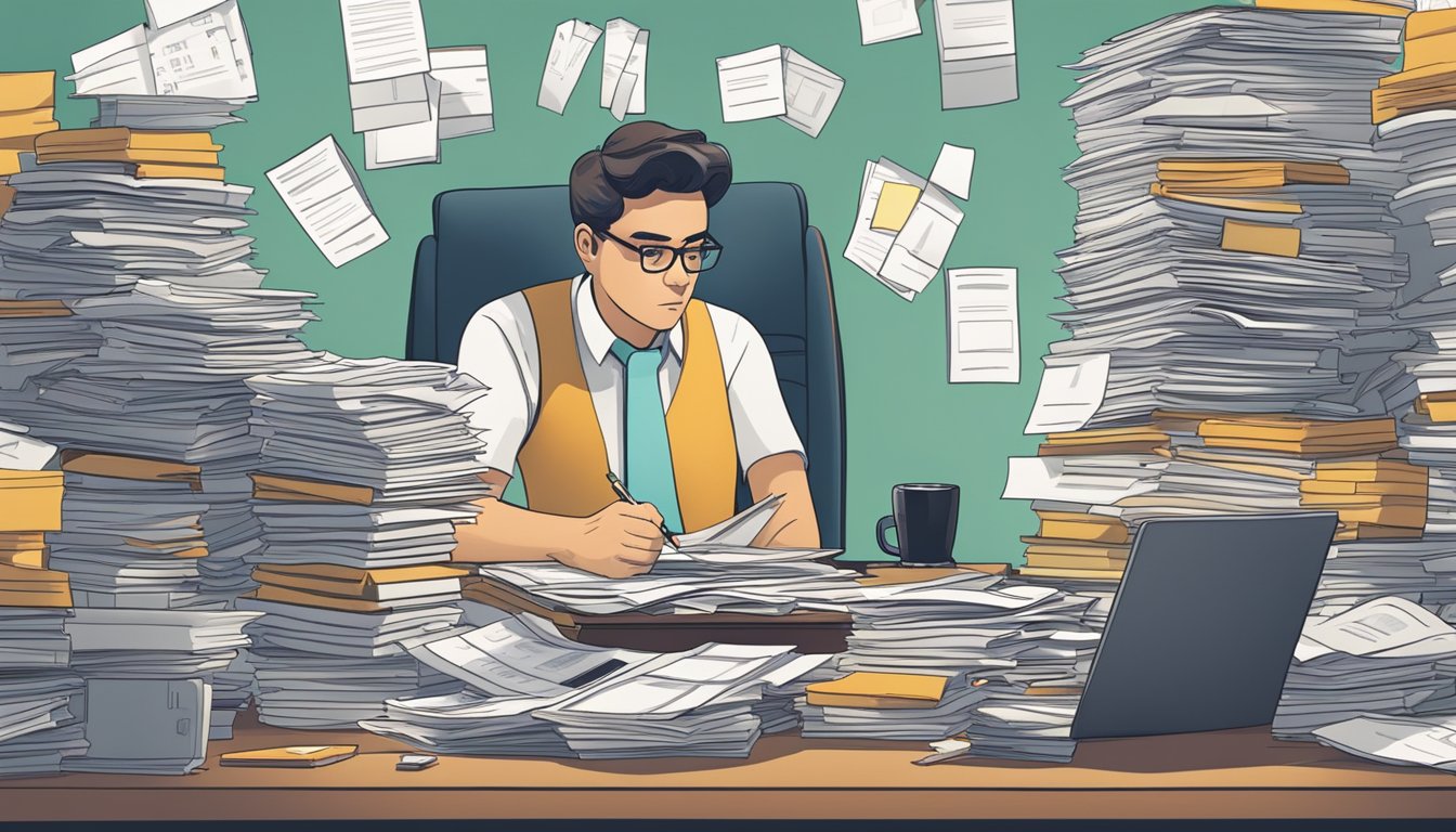 A person sitting at a cluttered desk, surrounded by stacks of bills and loan statements. A calculator and pen are in hand, with a determined expression on their face