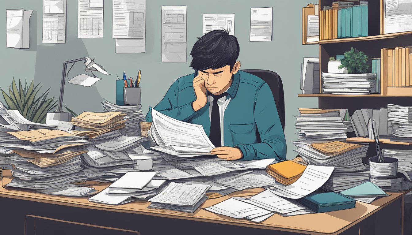 A person sitting at a cluttered desk, surrounded by bills and financial documents. They are looking stressed and overwhelmed as they consider their options for debt consolidation in Singapore