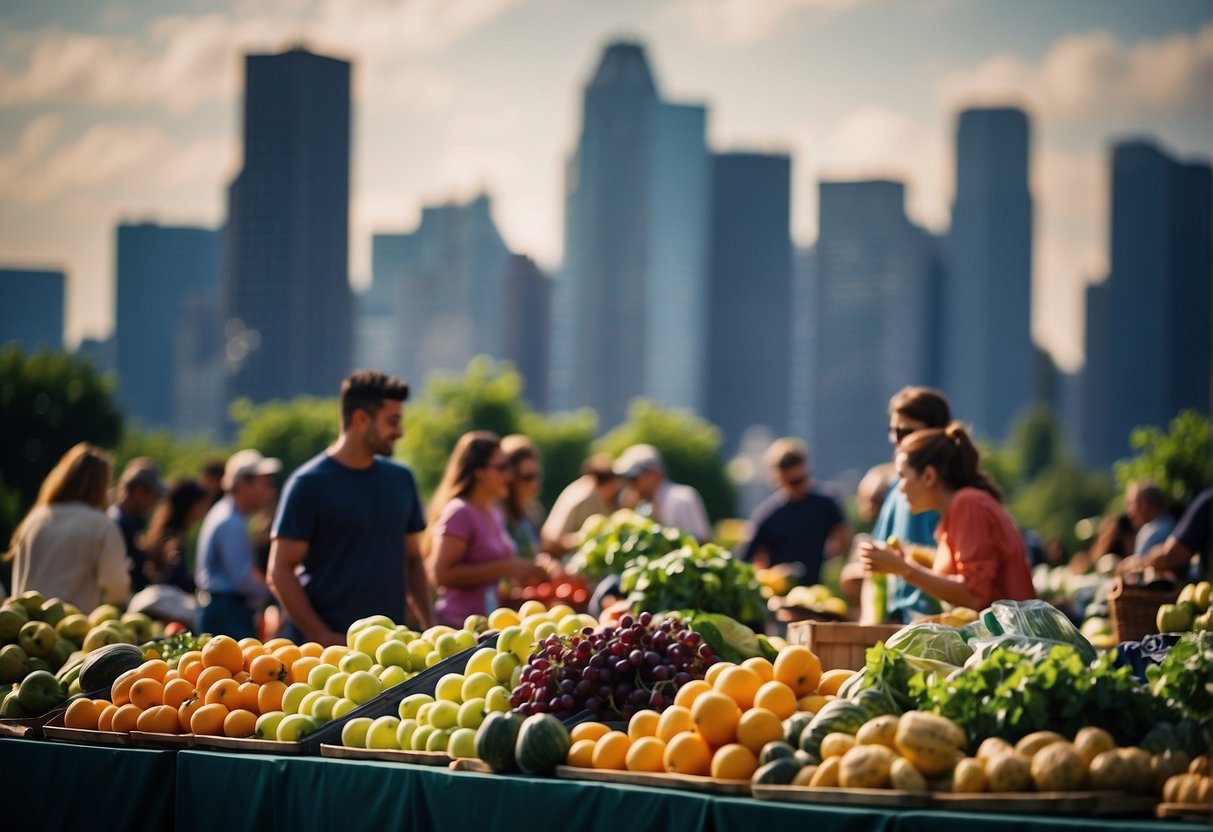 A vibrant city skyline with people engaging in outdoor activities, surrounded by fresh produce and healthy food options