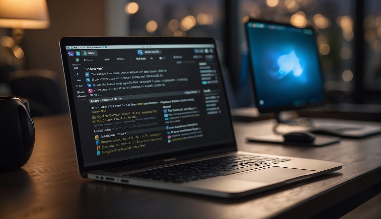 A MacBook with a keyboard, displaying a list of MacOS keyboard shortcuts. The screen shows the title "Shortcuts for MacOS Efficiency The Ultimate Guide to Keyboard Shortcuts"