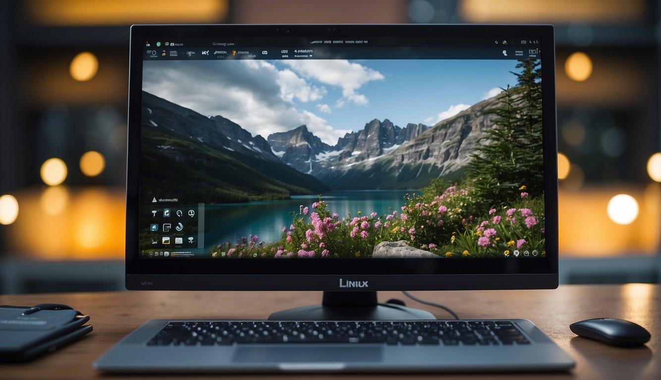 A computer screen displaying a Linux desktop with various windows open. A keyboard with highlighted shortcut keys