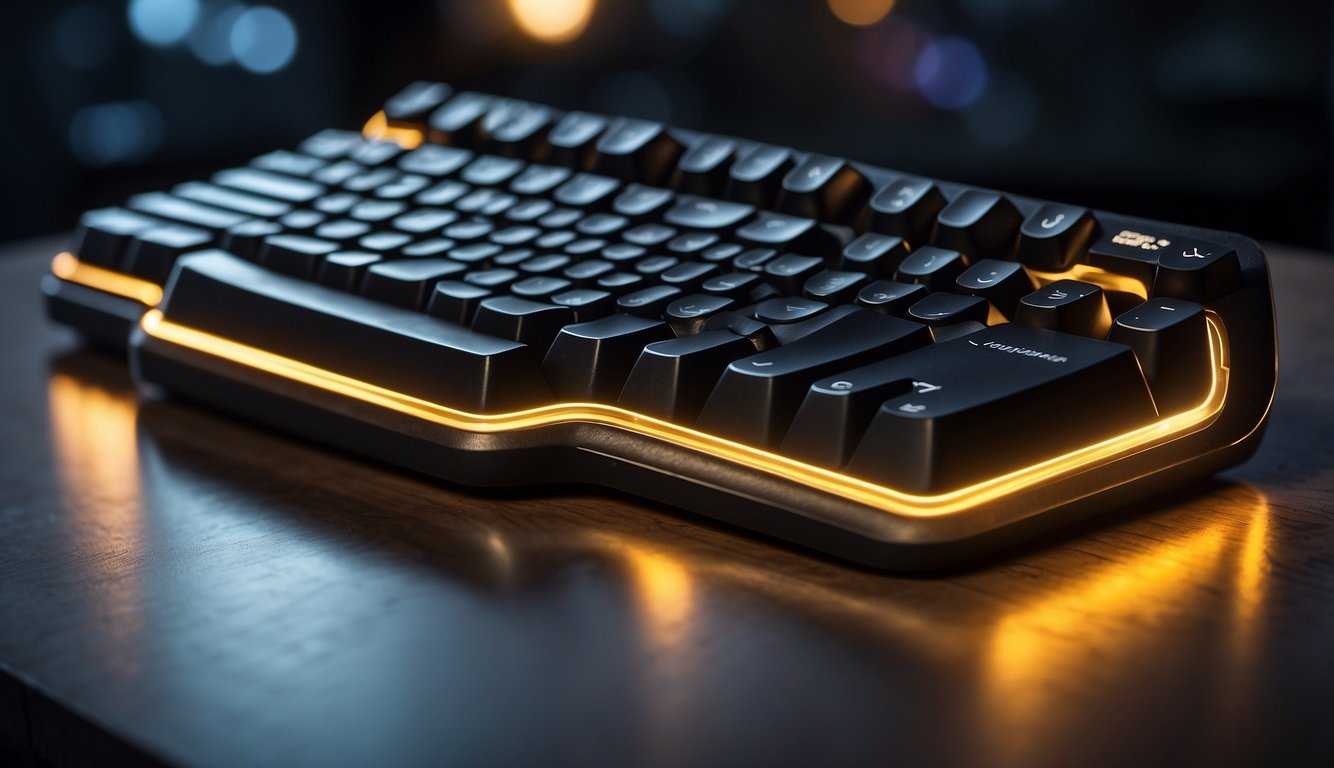 A keyboard with keys labeled with custom shortcuts, surrounded by a glow of light, symbolizing efficiency and productivity