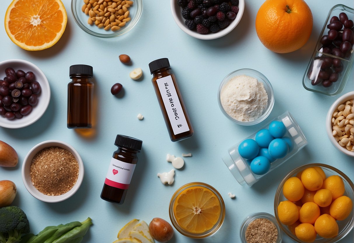 A vial of weight loss injections sits next to a speeding metabolism symbol, surrounded by energy-boosting foods and exercise equipment