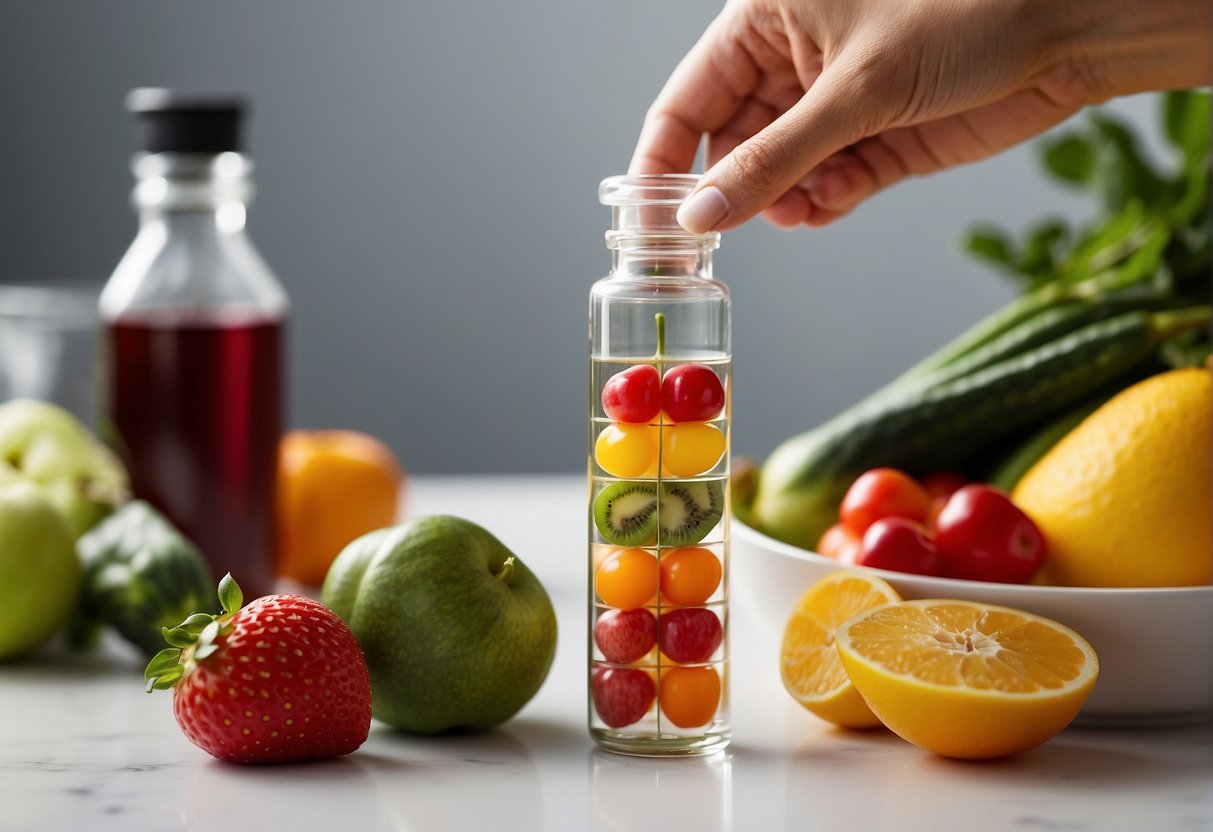 A vial of weight loss injection sits on a sleek white countertop, next to a colorful array of fresh fruits and vegetables. A woman's hand reaches for the vial, highlighting its potential to suppress appetite