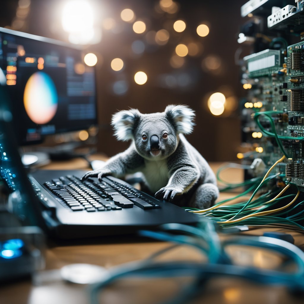 A koala programming on a computer, surrounded by wires and circuit boards