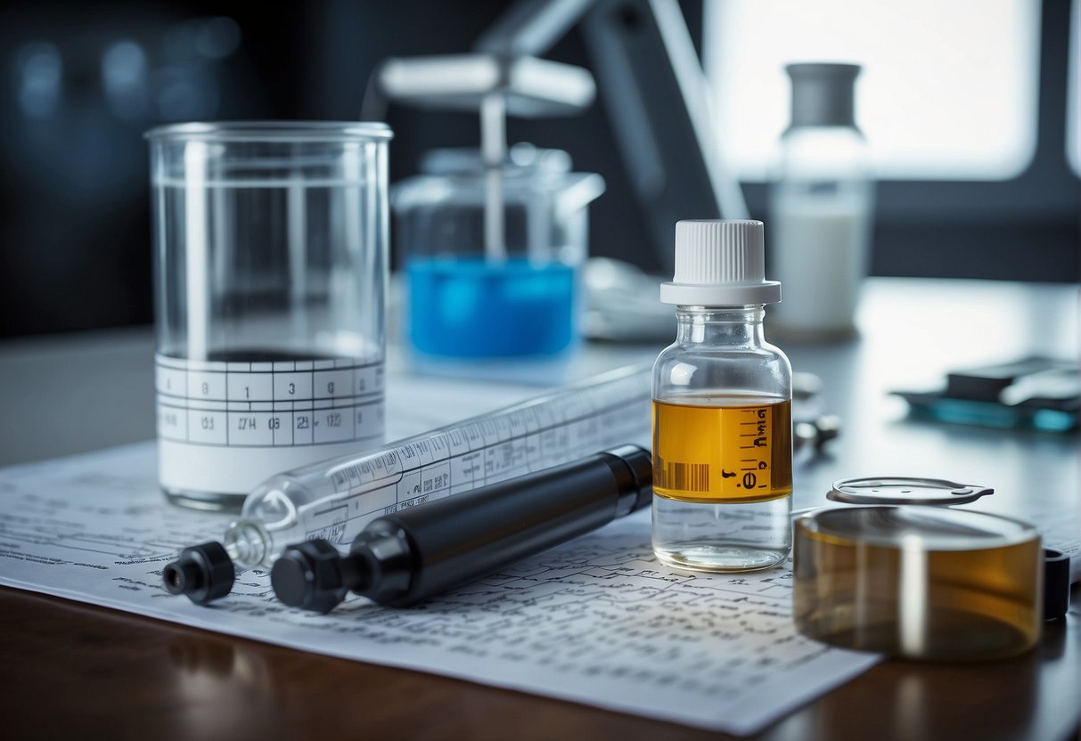 A vial of weight loss injection sits on a lab table, surrounded by scientific equipment. A chart showing appetite suppression effects hangs on the wall