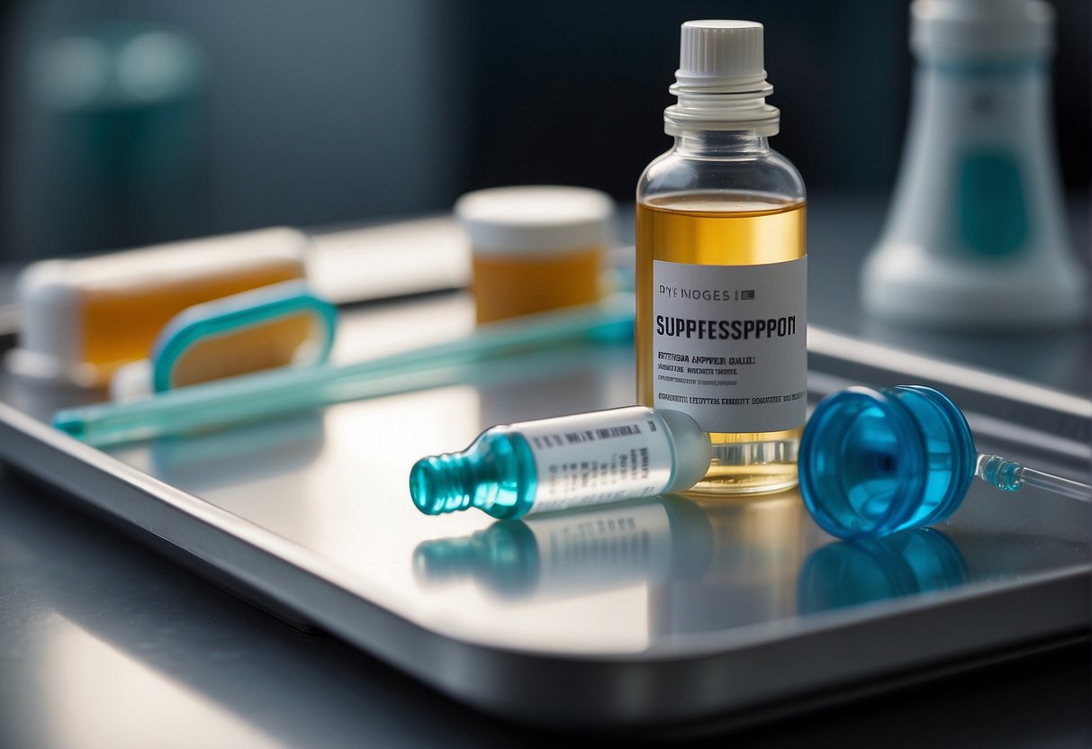 A vial of weight loss injection sits on a sterile medical tray, alongside a syringe and a vial of appetite suppressant solution. A scientific journal on the topic is open nearby