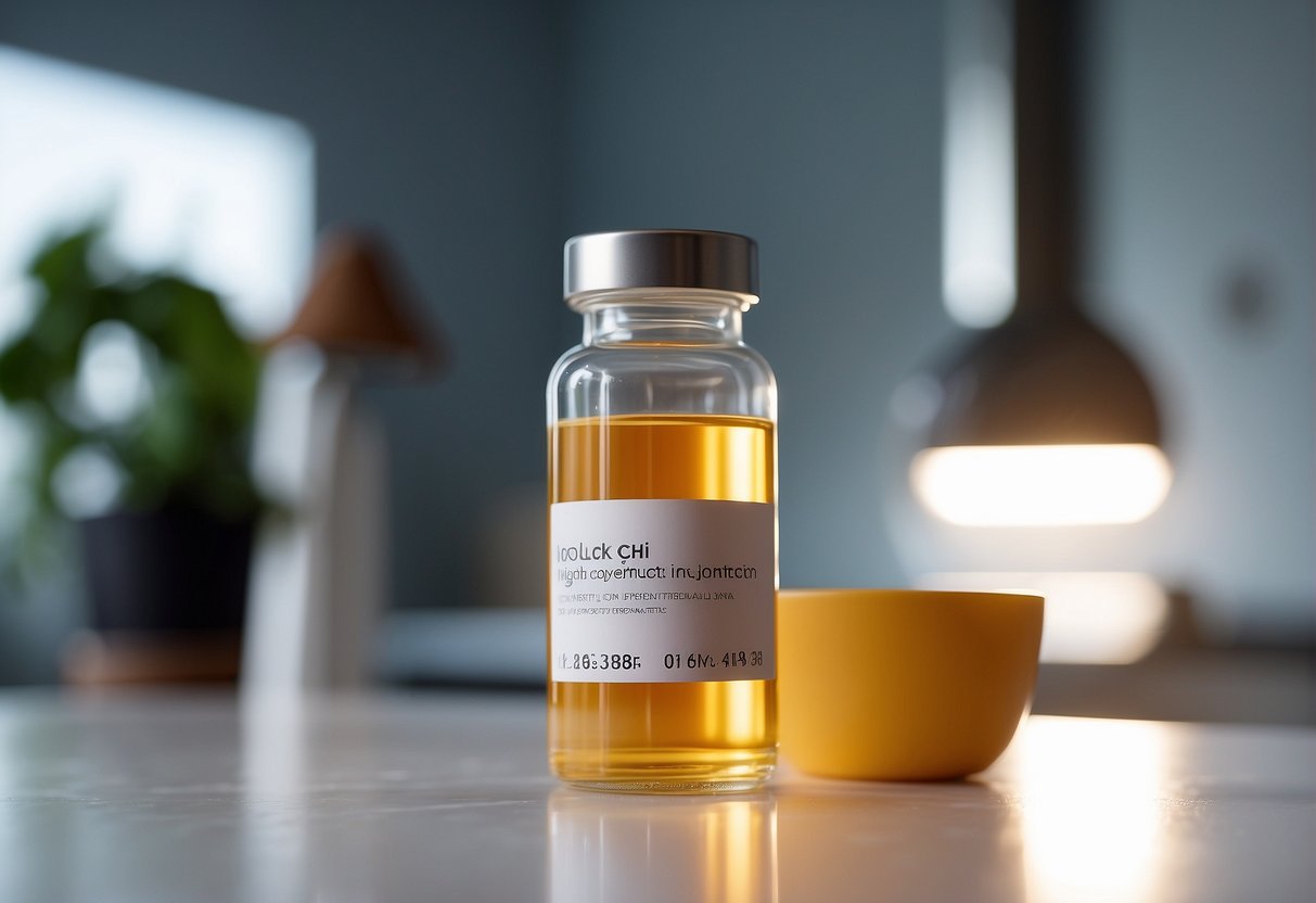 A vial of weight loss injection sits on a clean, white countertop. A beam of light highlights the label, emphasizing its benefits for appetite suppression
