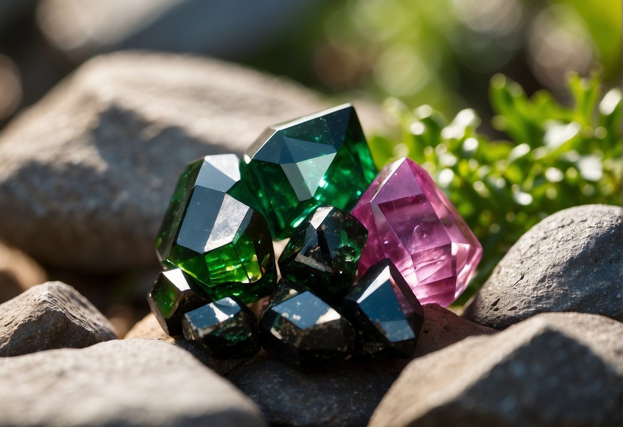 A cluster of tourmaline crystals glisten in the sunlight, showcasing their vibrant colors of green, pink, and black. The crystals are nestled among rough rocks and surrounded by delicate greenery