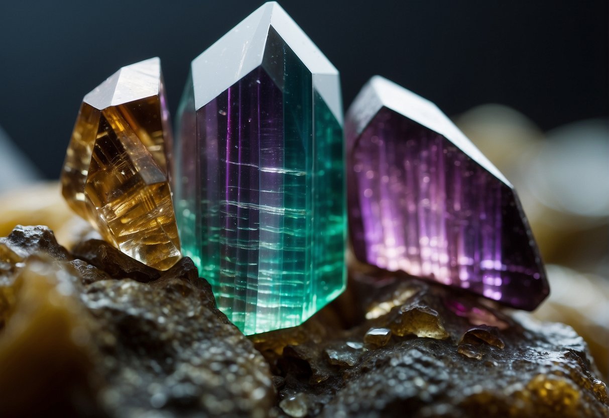 Tourmaline crystals grow within a matrix of quartz and mica, showcasing a variety of colors and striations. Light reflects off the surfaces, creating a dazzling display of iridescence