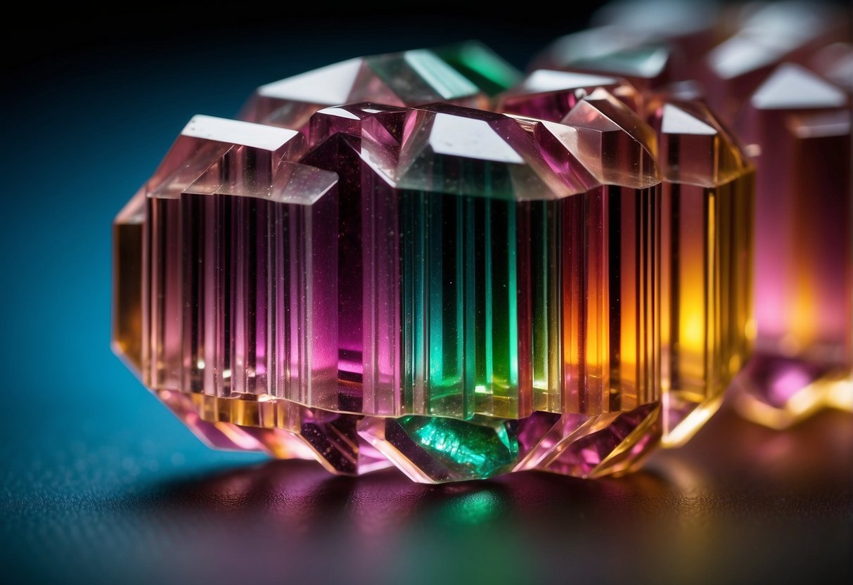 Tourmaline crystal structure reflects light, showing various colors. It has a glassy luster and exhibits pyroelectric and piezoelectric properties