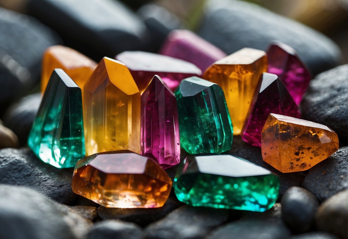 Vibrant tourmaline crystals in various hues and shapes, scattered across a rocky landscape, reflecting light and showcasing their unique properties