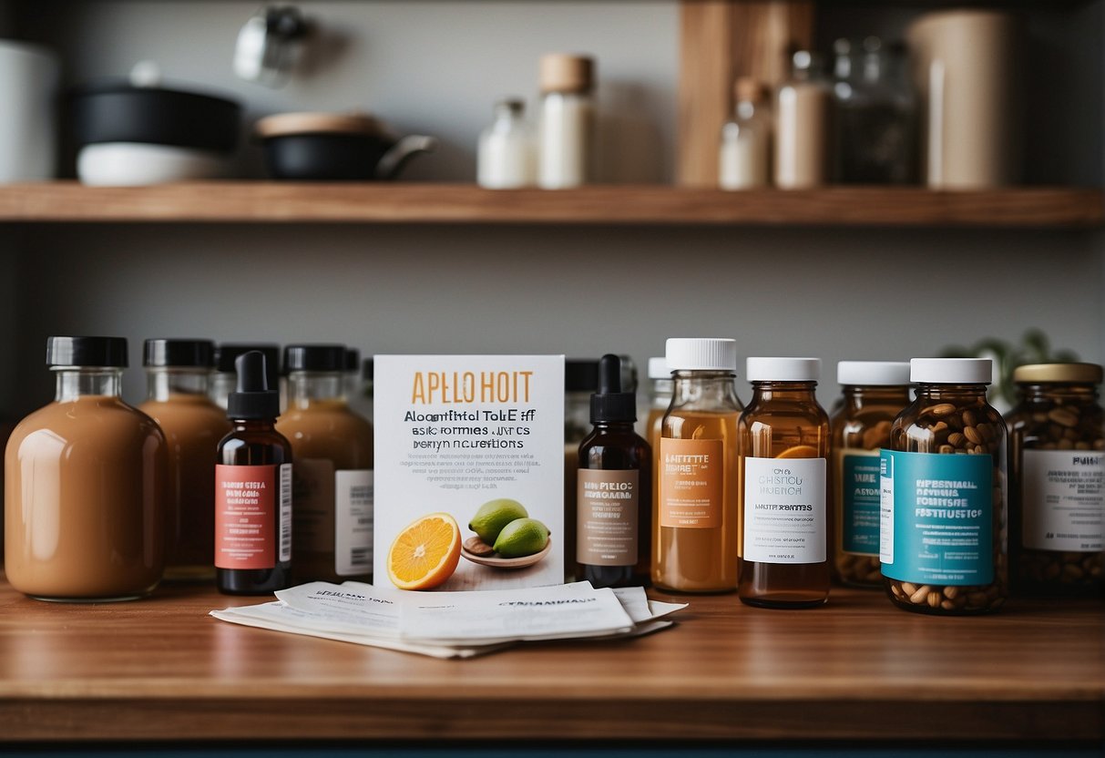 An open kitchen cabinet with bottles of weight loss injections and a pamphlet on appetite suppression benefits for Atlanta residents