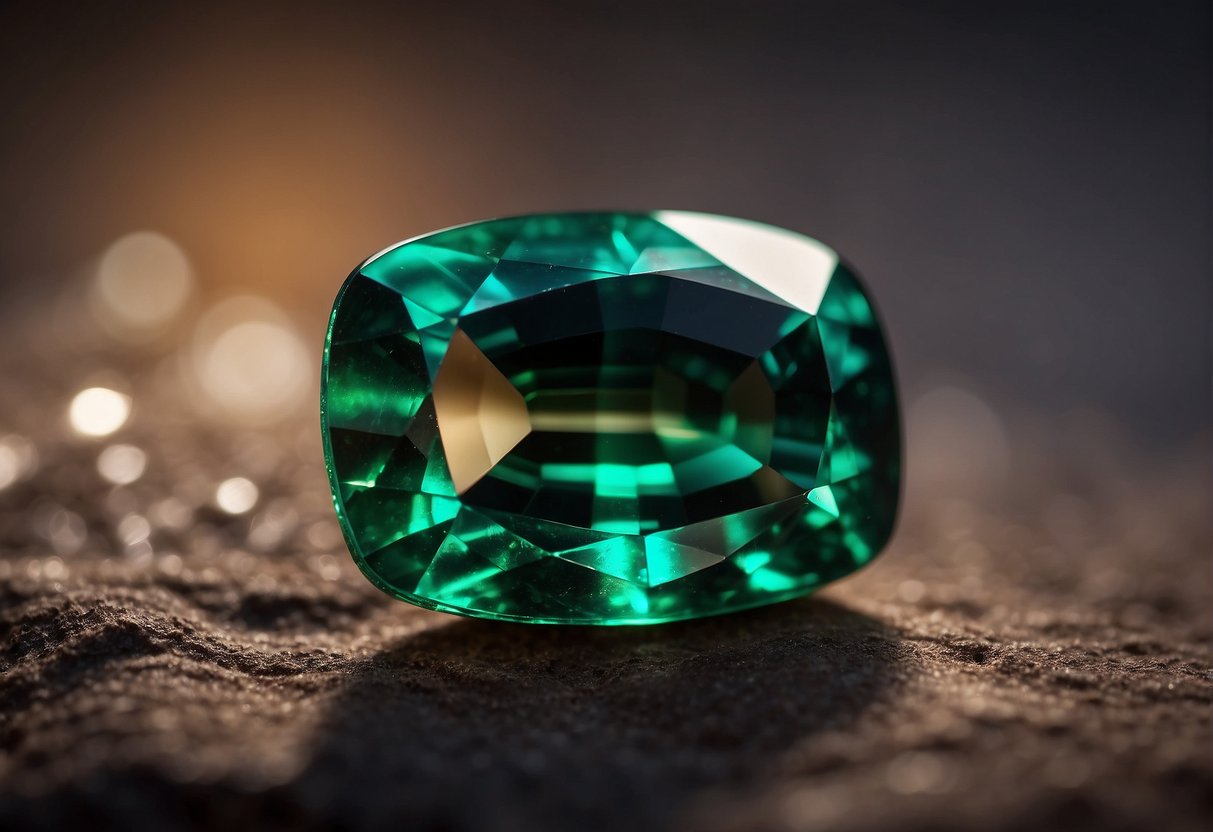 A tourmaline gemstone emits vibrant colors under direct light, showcasing its optical properties