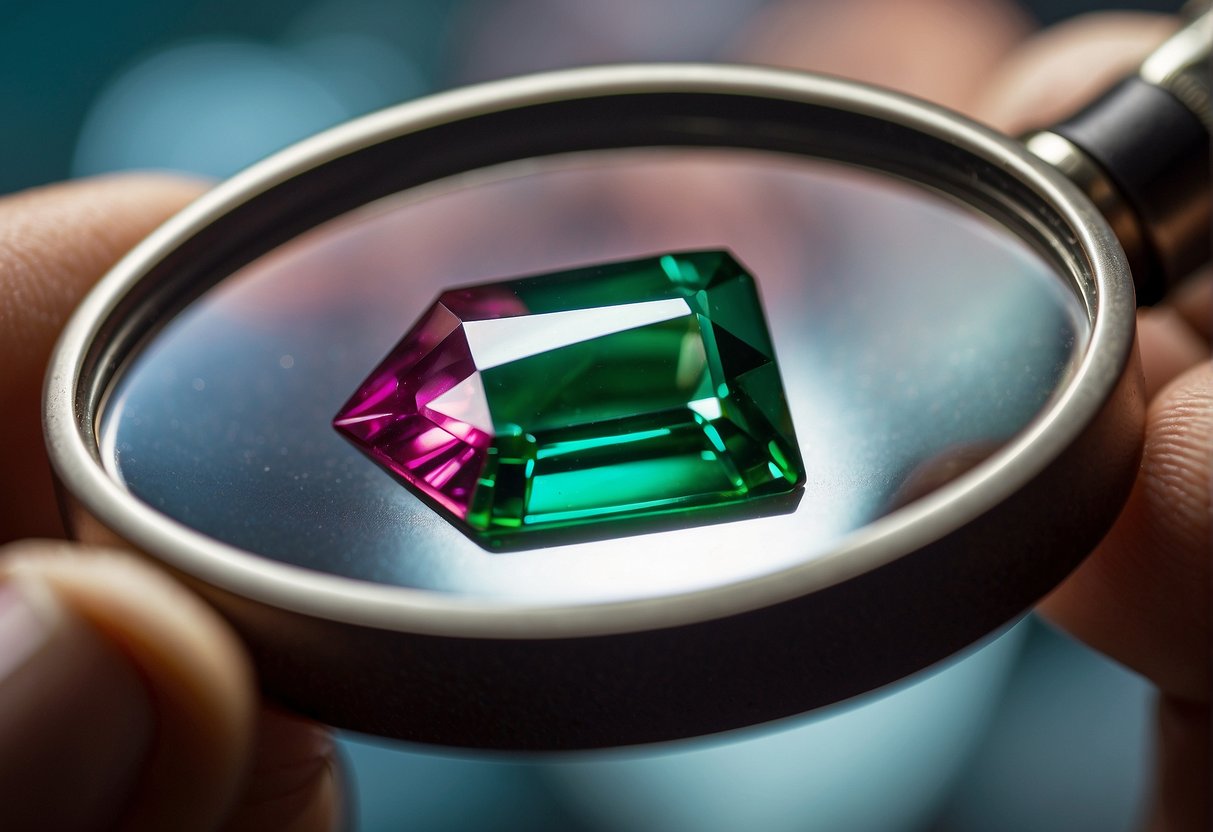 A vibrant tourmaline gemstone is being examined under a magnifying glass, showcasing its unique color and clarity for valuation