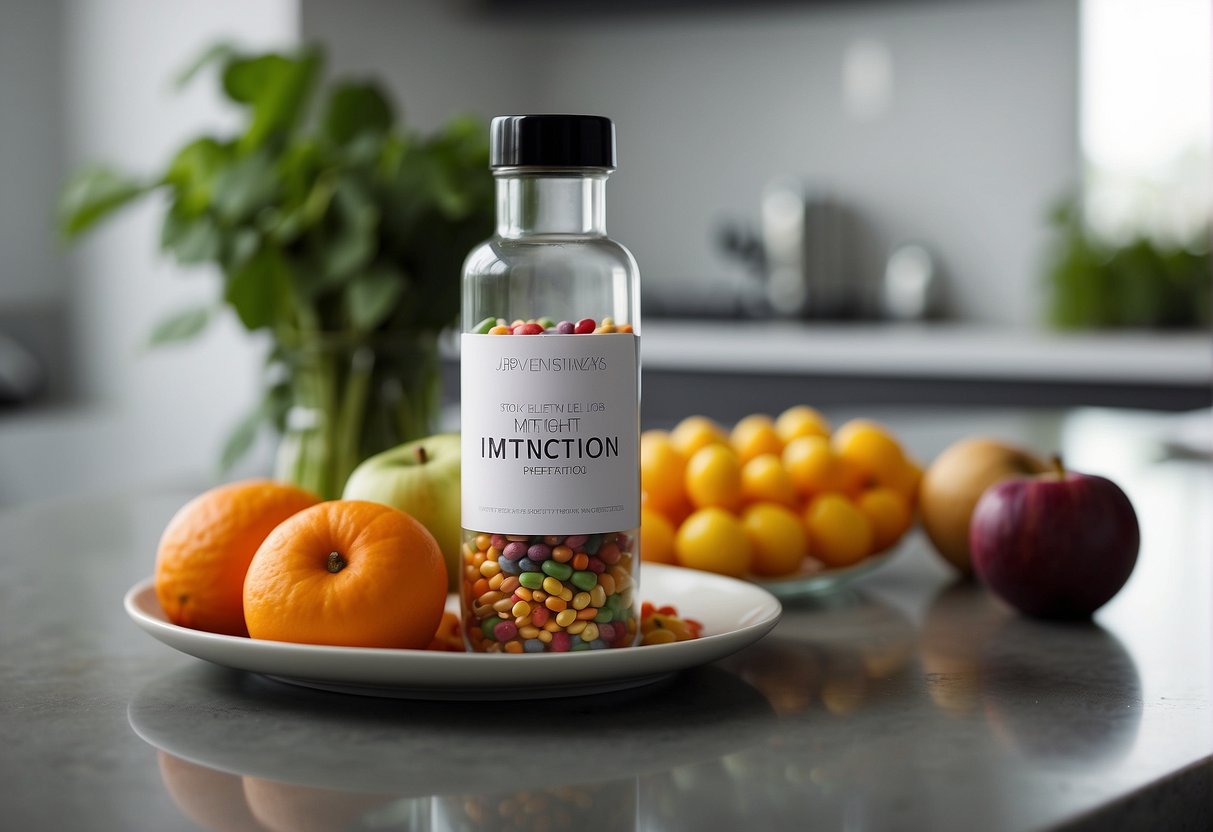 A vial of weight loss injection sits on a sleek, modern countertop. A plate of colorful, healthy foods nearby. The room is filled with natural light, creating a sense of positivity and wellness