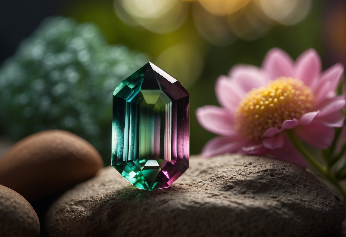 Tourmaline emits a calming energy, surrounded by a soft glow. Its vibrant colors reflect light, creating a sense of serenity and balance