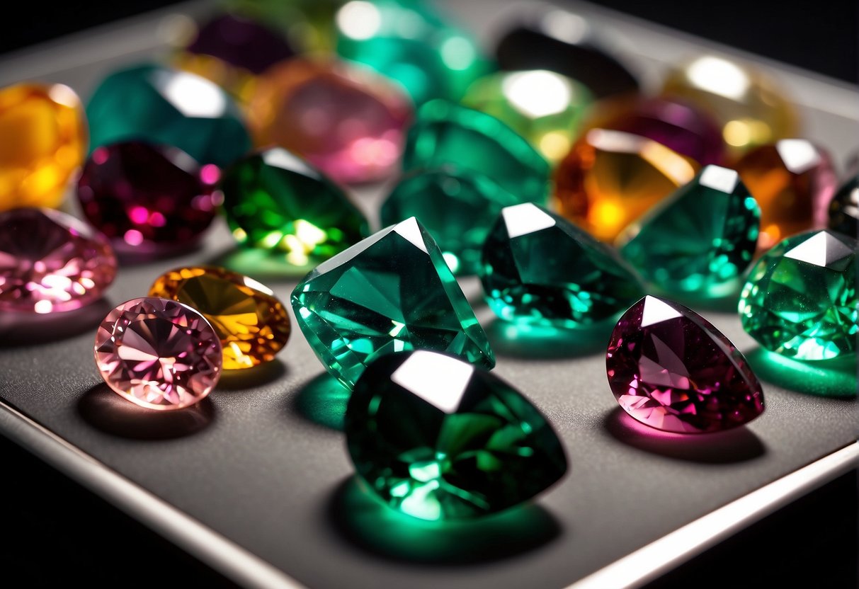 Tourmaline gemstones shimmer in a display case, reflecting light in various hues. A jeweler carefully selects and sets the stones into intricate designs, showcasing their unique properties