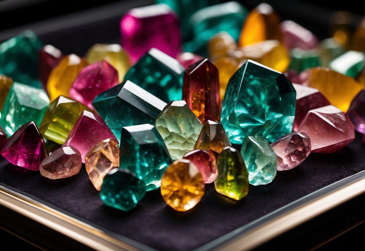 A collection of tourmaline crystals arranged on a velvet-lined display case, catching the light and showcasing their vibrant colors and unique properties