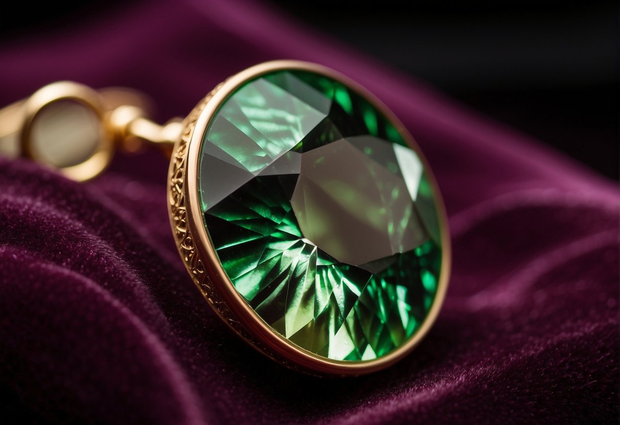 A sparkling tourmaline gemstone sits on a velvet cushion, reflecting light in shades of green, pink, and black. A magnifying glass hovers above, revealing its intricate natural patterns