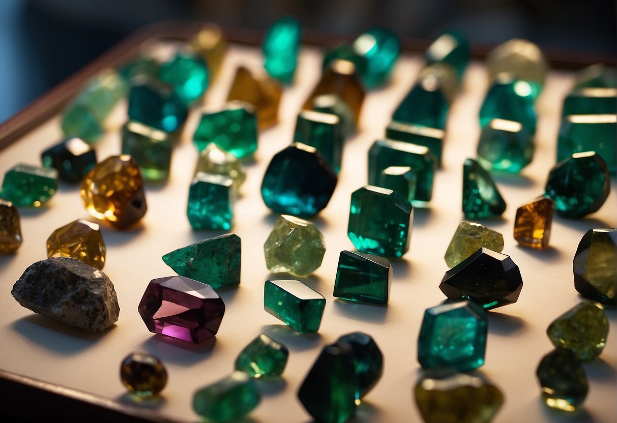 A collection of tourmaline specimens displayed with labels, surrounded by curious onlookers in a well-lit gallery