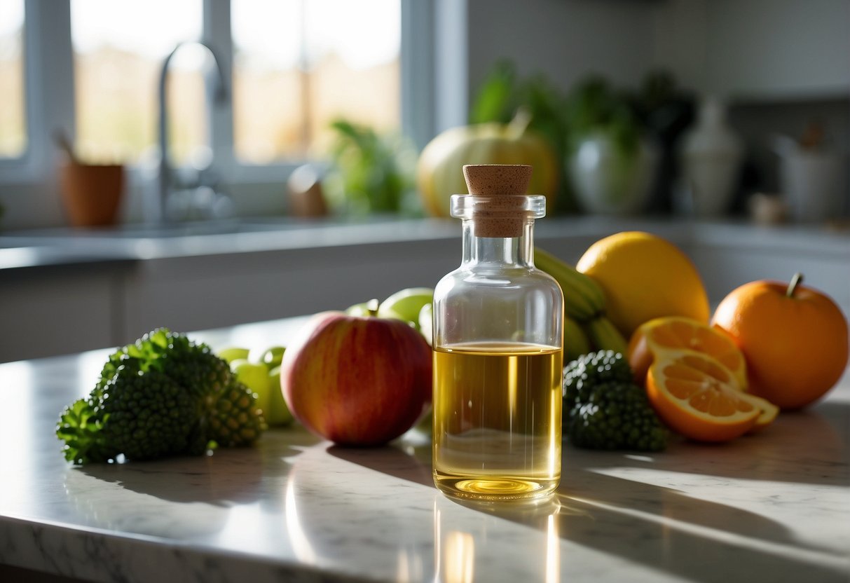 A vial of weight loss injection sits on a sleek, modern countertop surrounded by fresh fruits and vegetables. A beam of sunlight illuminates the vial, highlighting its importance in the quest for appetite suppression and weight loss