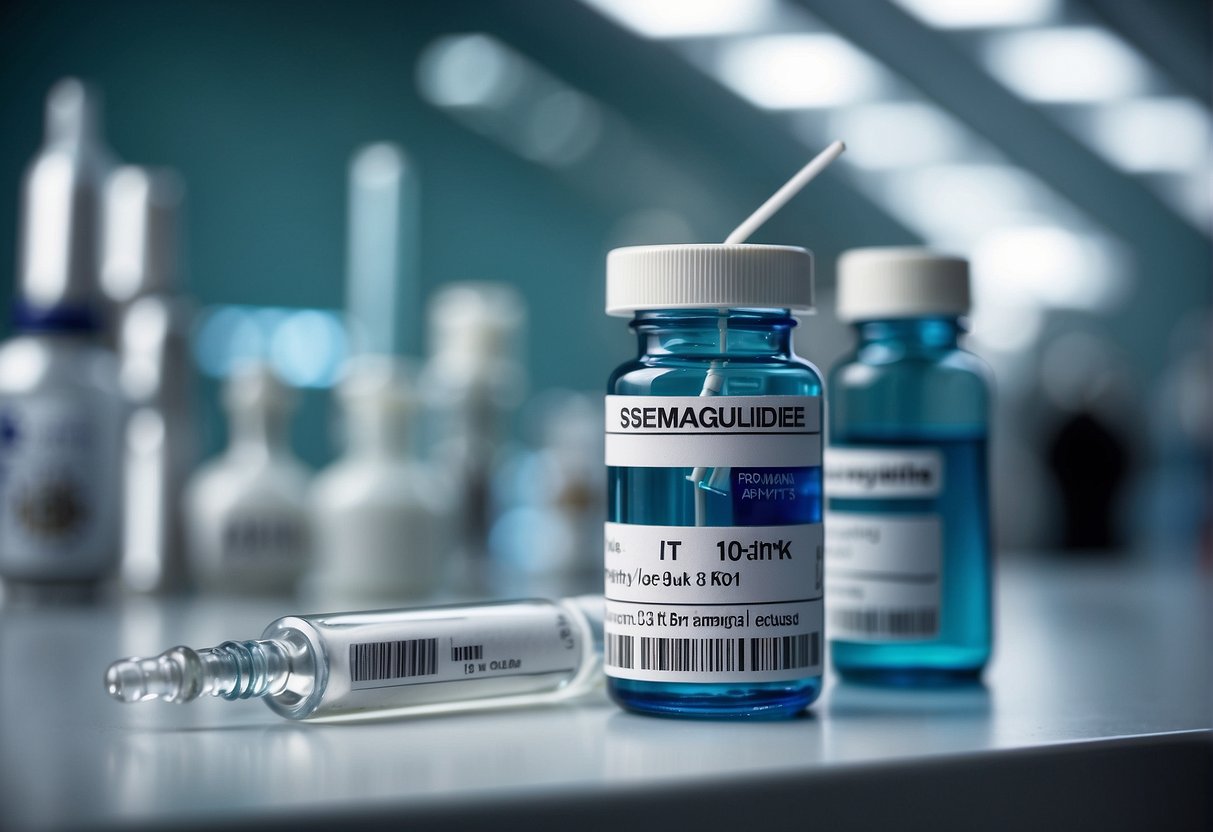 A vial of semaglutide sits on a sterile white table, surrounded by medical equipment. The label prominently displays the drug's name and dosage. A syringe and needle are positioned nearby, ready for use