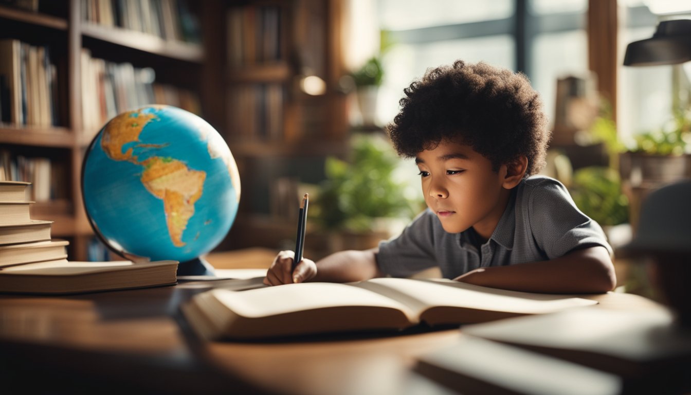 A young child studying in a cozy, well-lit room surrounded by books, a globe, and educational posters