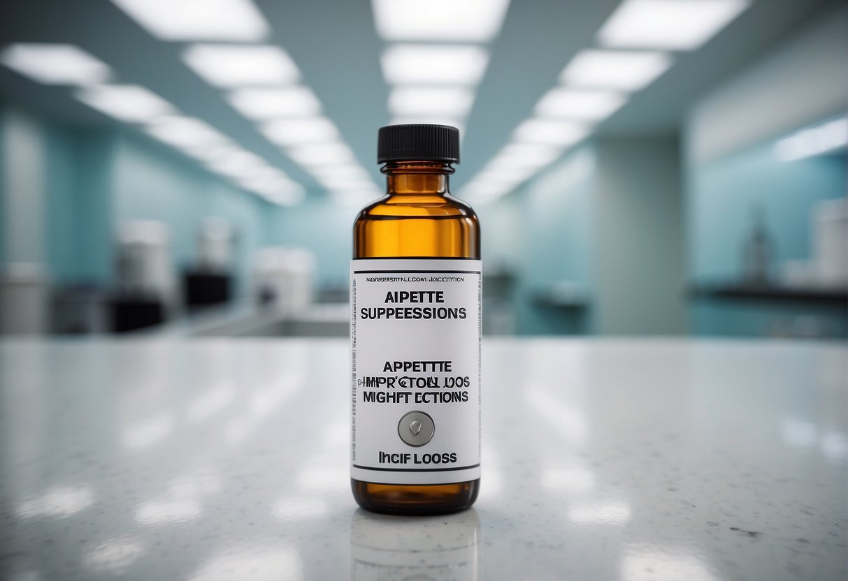 A vial labeled "Appetite Suppression and Weight Loss Injections" sits on a sterile, white countertop in a modern medical facility in Atlanta
