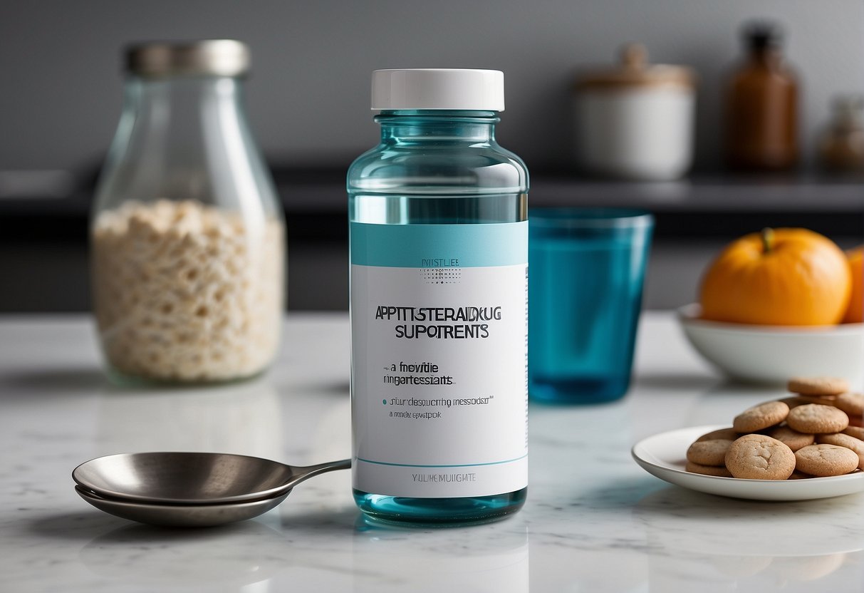 A bottle of appetite suppressants sits on a clean, white countertop. A measuring spoon and a glass of water are nearby. The label on the bottle reads "Understanding Appetite Suppressants."