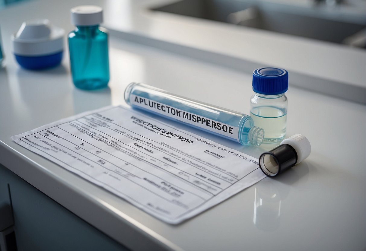 A vial of weight loss injection sits on a sterile white countertop in a clinical setting in Atlanta. A medical chart with the title "Appetite Suppression" is open nearby