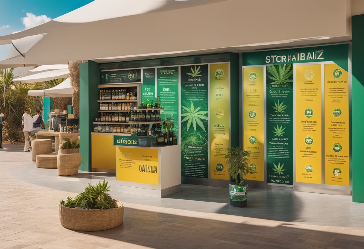A vibrant Ibiza landscape with a storefront displaying various cannabis products, surrounded by legal and regulatory information signage