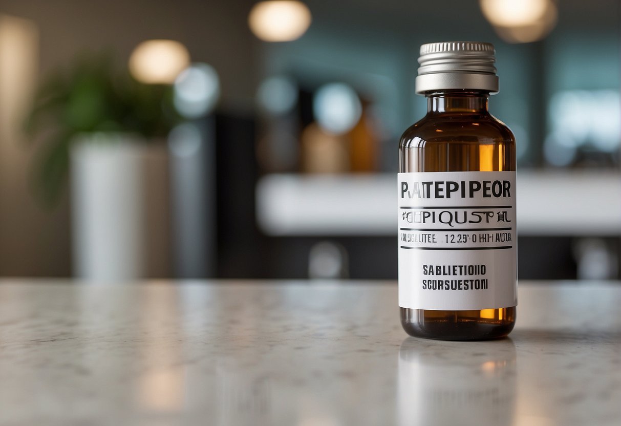 A vial of weight loss injection sits on a sleek, modern countertop in a clean, well-lit room. A label on the vial prominently displays the words "Appetite Suppression" in bold lettering