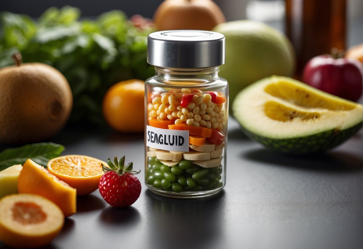 A vial of semaglutide stands prominently, surrounded by images of healthy foods and a measuring tape, symbolizing appetite suppression and weight loss benefits in Atlanta