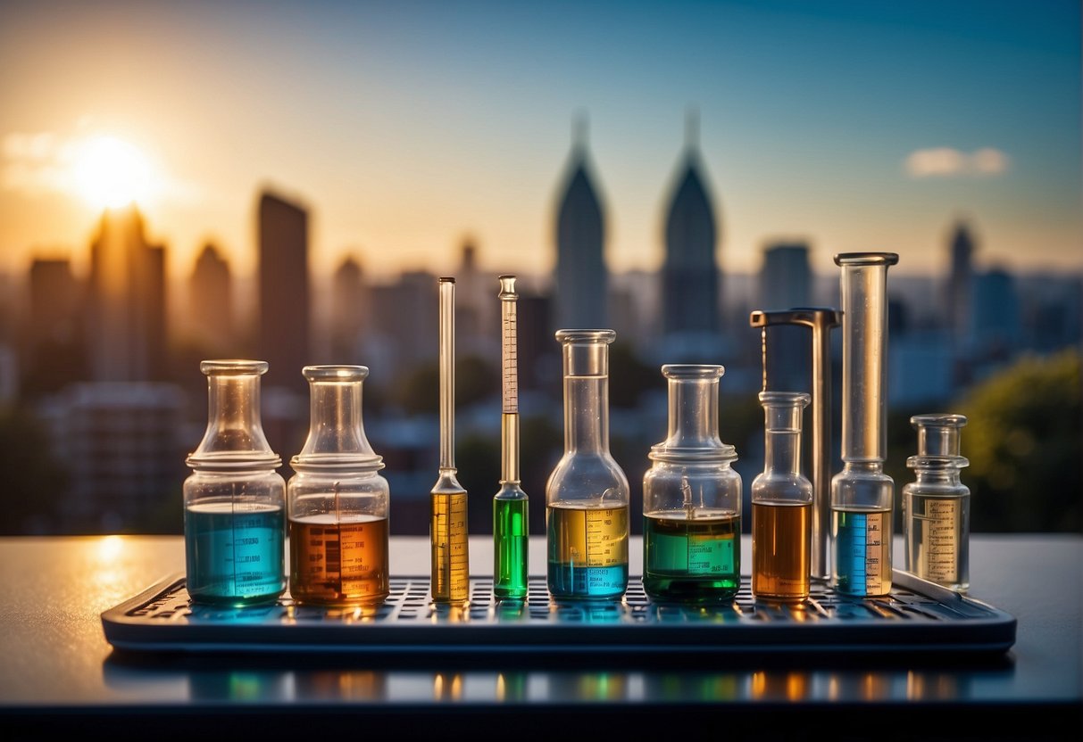A lab setting with vials, syringes, and scientific equipment. A graph showing appetite suppression benefits. Atlanta city skyline in the background