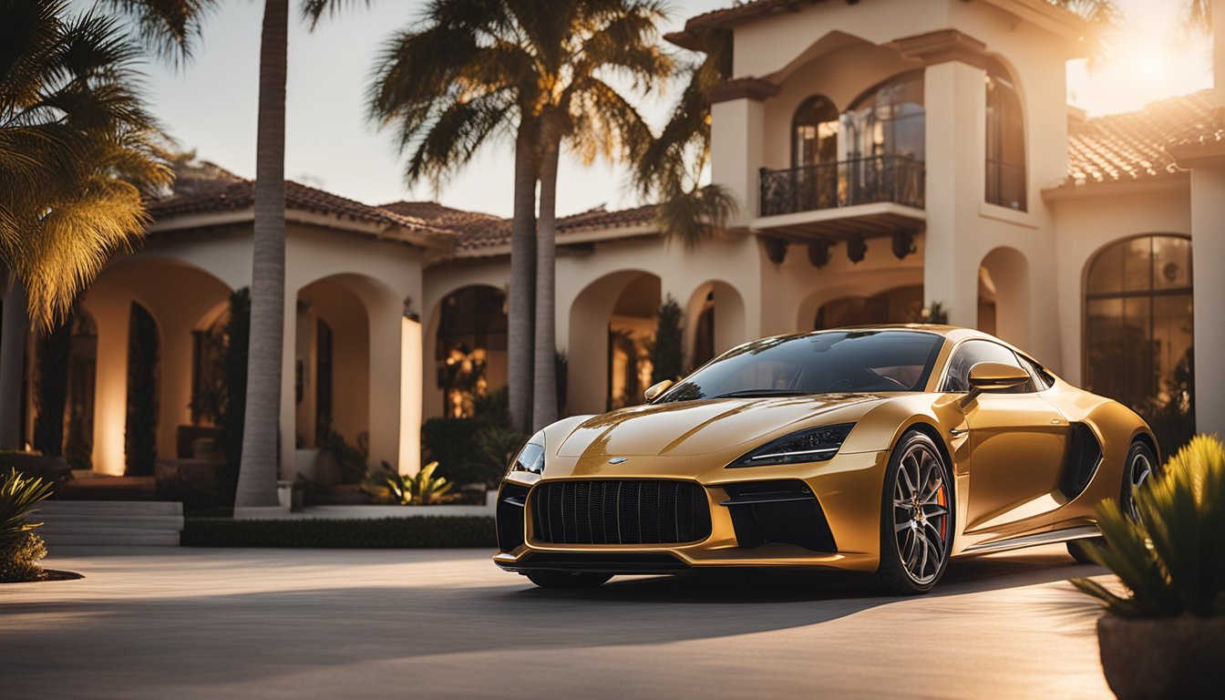 A luxurious mansion with a sleek sports car parked out front, surrounded by palm trees and a sparkling pool. The sunset casts a warm glow over the scene