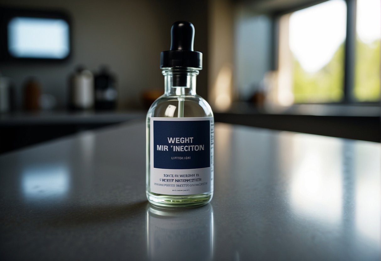 A vial of weight loss injection sits on a sleek, modern countertop. A shadow is cast across the label, emphasizing its impact on appetite suppression