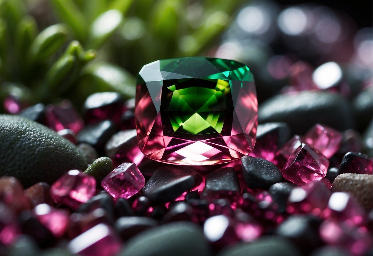 A vibrant tourmaline gemstone sits nestled in a bed of shimmering green and pink crystals, reflecting light in all directions