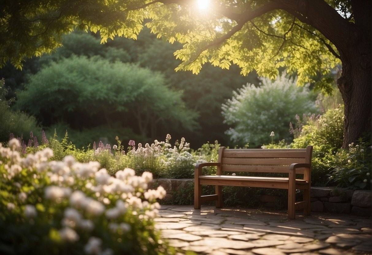 A serene setting with a meditation bench placed in a peaceful garden surrounded by lush greenery and blooming flowers, with soft sunlight filtering through the trees, creating a calming and tranquil atmosphere