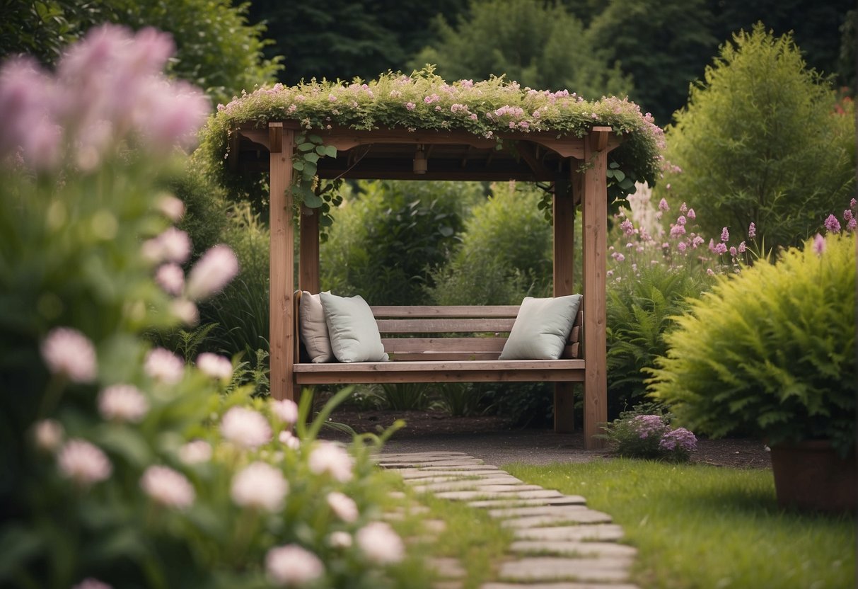 A serene setting with a comfortable meditation bench placed in a peaceful garden surrounded by lush greenery and blooming flowers