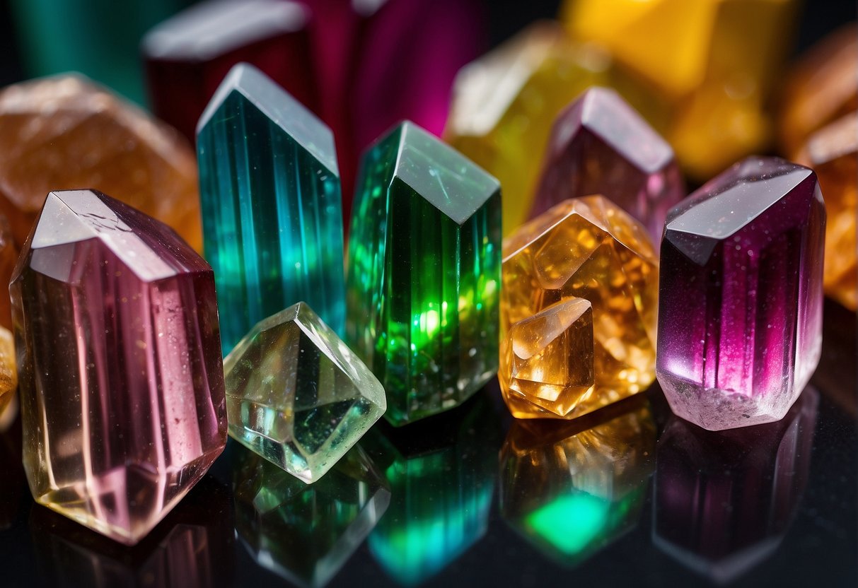 A spectrum of tourmaline crystals in various colors, each representing different meanings, arranged in a gradient from light to dark