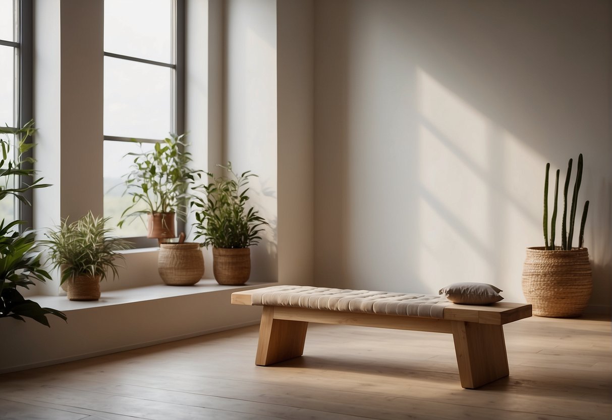 A serene room with a meditation bench placed in the center. Soft lighting and minimal decor create a calm and inviting atmosphere