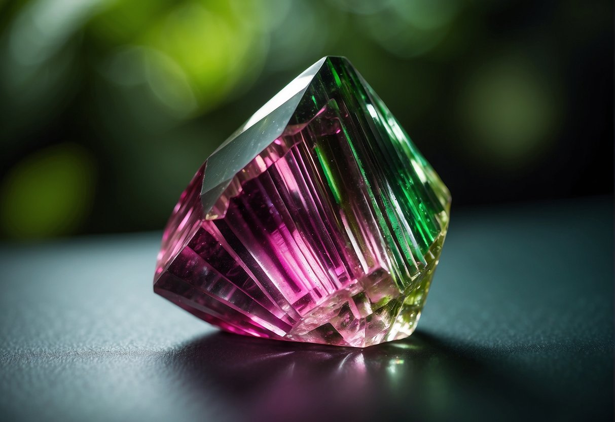 Tourmaline radiates vibrant energy, with colors ranging from deep green to vivid pink. Its metaphysical properties include protection, grounding, and balancing. Show a tourmaline crystal surrounded by swirling energy and a sense of stability