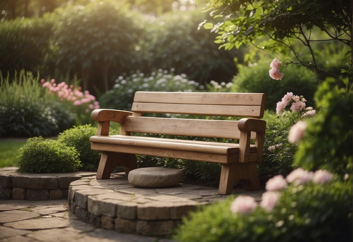A serene garden setting with a simple wooden meditation bench surrounded by lush greenery and blooming flowers