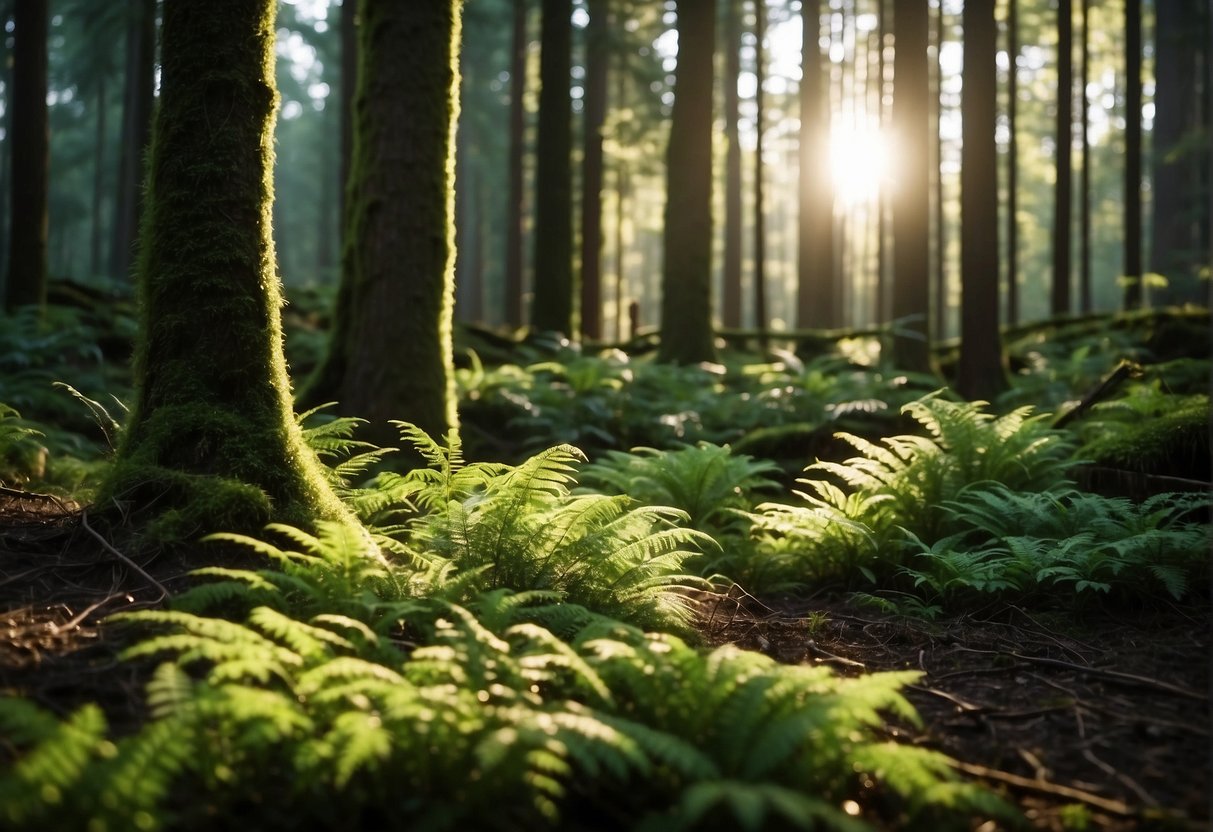 Eine ruhige Waldlichtung, in der Sonnenlicht durch die Bäume dringt und Turmalinkristalle zwischen Moos und Farnen verstreut sind und eine beruhigende und heilende Energie ausstrahlen