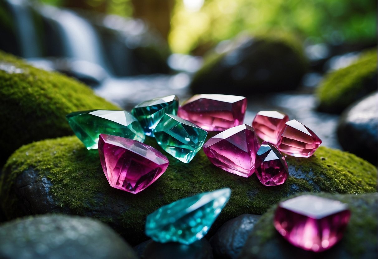 Vibrant tourmaline crystals scatter across a rocky landscape, nestled among lush green foliage and cascading waterfalls. The colors range from deep blues and greens to vibrant pinks and purples, creating a stunning display of natural beauty