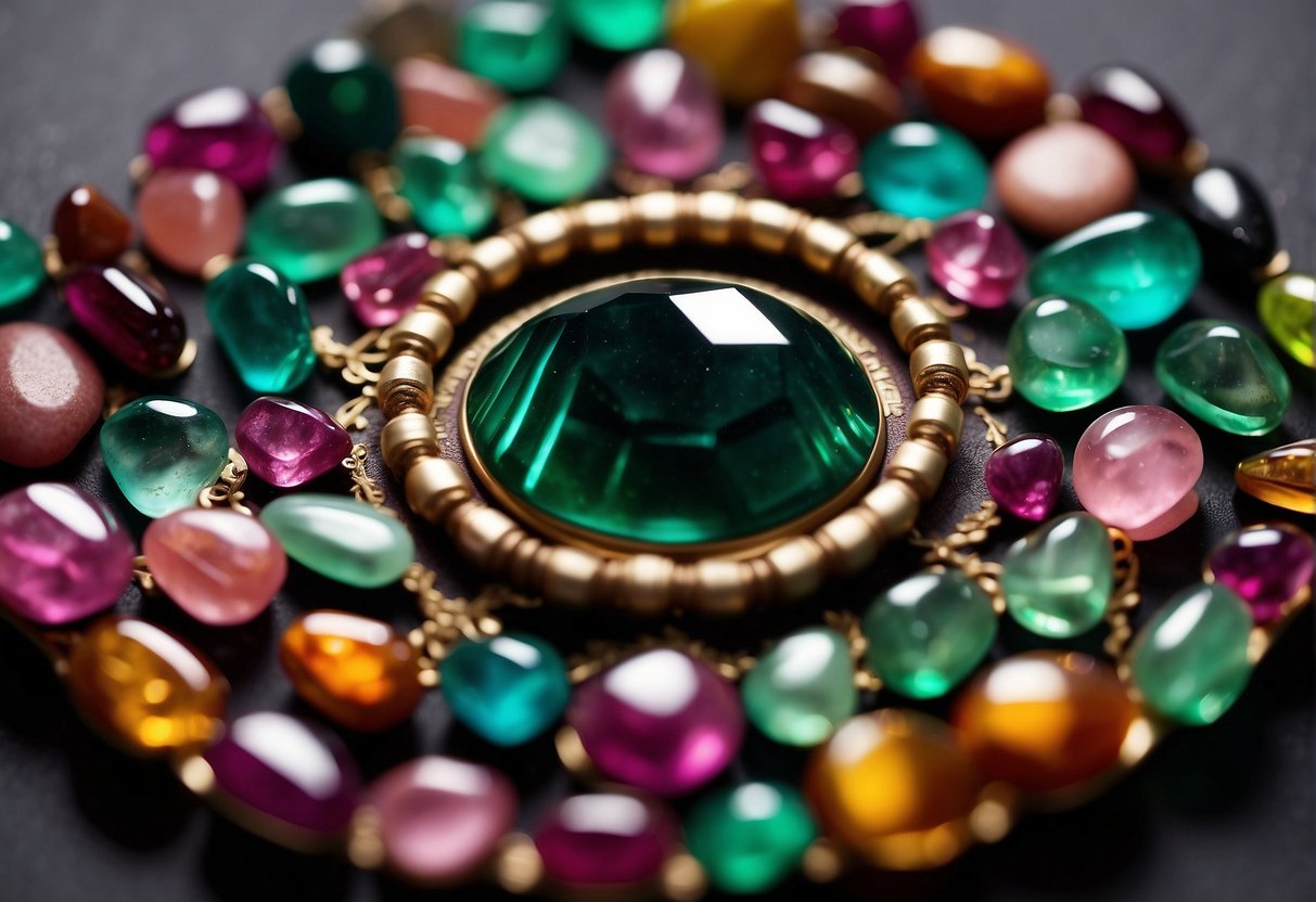 Vibrant tourmaline stones arranged in a circle, surrounded by cultural artifacts and symbols representing its diverse meanings