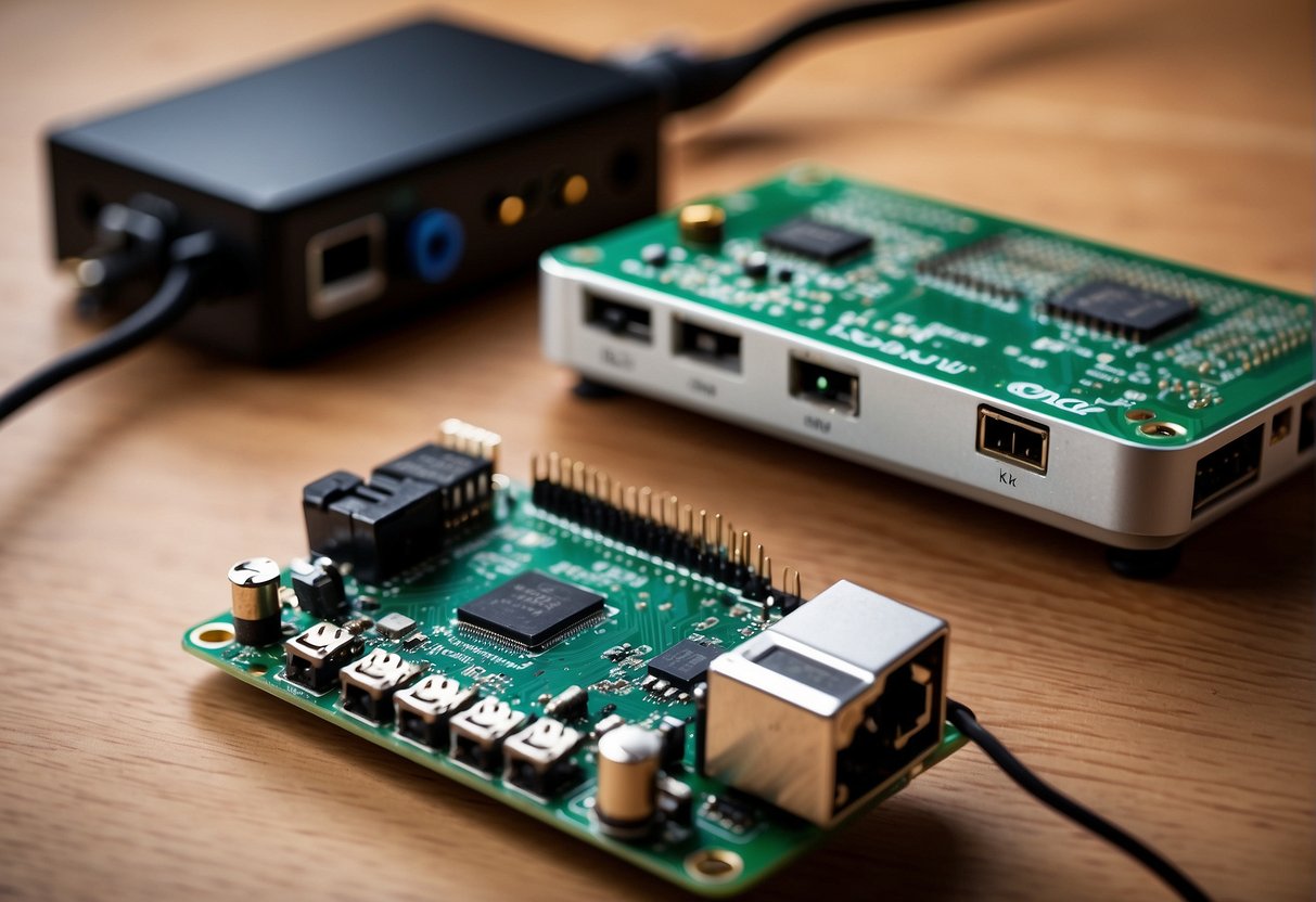 A Raspberry Pi board connected to various smart home devices, controlling lights, thermostat, and security system