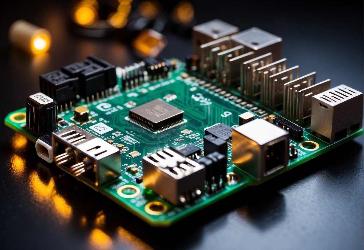 A Raspberry Pi board connected to various smart home devices, such as lights, thermostats, and security cameras, with wires and sensors scattered around